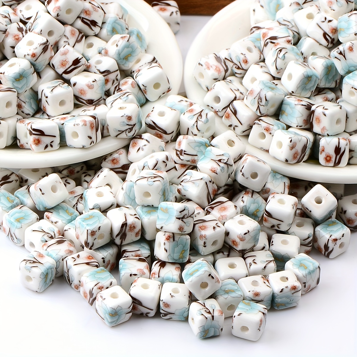 30pcs Vintage Lake Blue & White Porcelain Orchid Beads